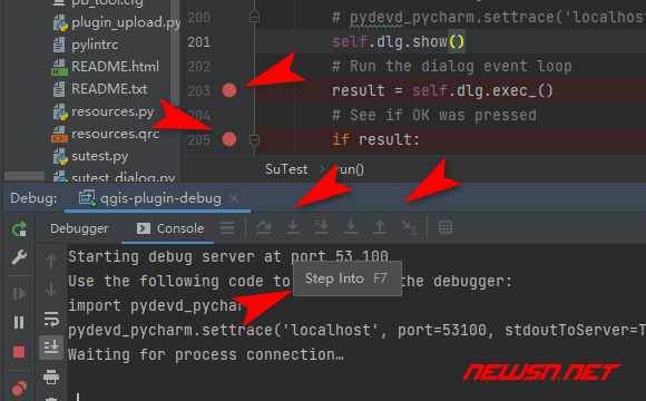 苏南大叔：pycharm如何通过pydevd单步调试qgis插件？ - debug-step-icons