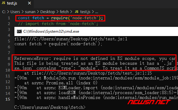苏南大叔：nodejs代码，node-fetch升级到3/4系列后，该如何使用？ - 错误截图