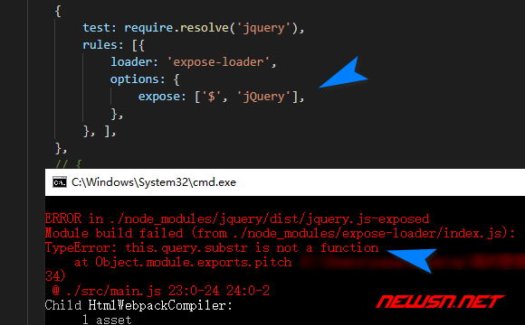 苏南大叔：webpack4系列教程，如何用expose-loader注册变量到全局？ - webpack-expose-loader-error