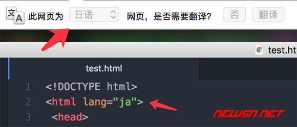 苏南大叔：网页 html 标签的 lang 属性，影响 chrome 的翻译工具展示 - html_lang_ja
